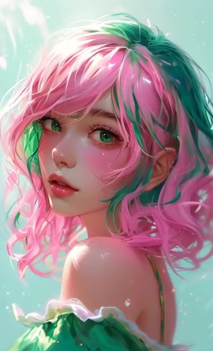 一位面容姣好的女性，其头发为粉色与绿色的混合颜色，
