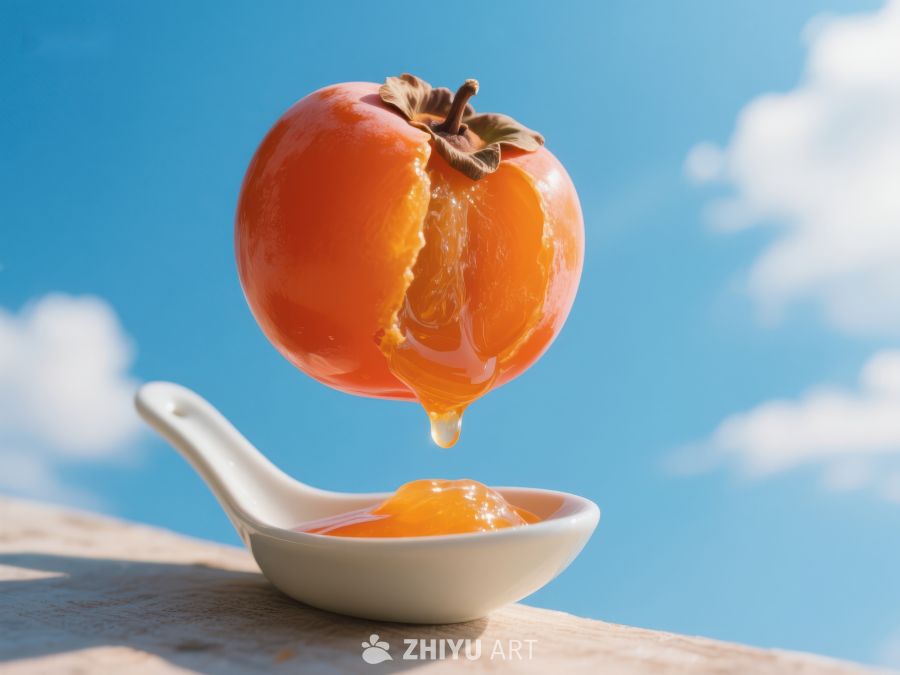 柿子果肉滴落勺中，蓝天白云背景 480