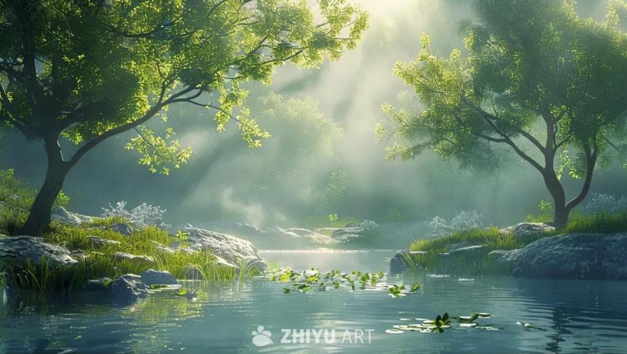 水面上漂浮着荷叶，岸边有绿草和石头。两棵树的树枝在