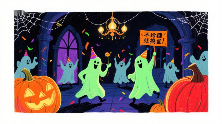 万圣节幽灵派对，南瓜灯与糖果标语