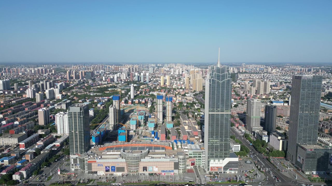 航拍河北保定城市天际线万博广场