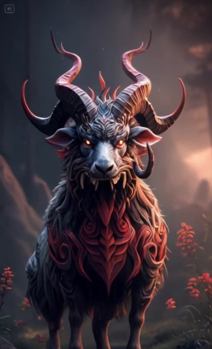 丛林恶魔羊：红色弯角，红眼，红纹，傍晚时分