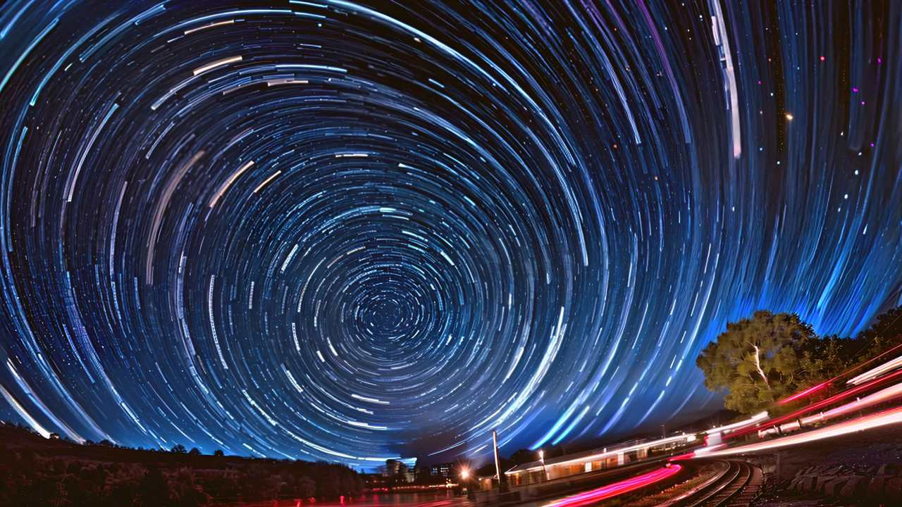 夜空中呈现出旋转的星轨，下方是陆地景观，包括树木、