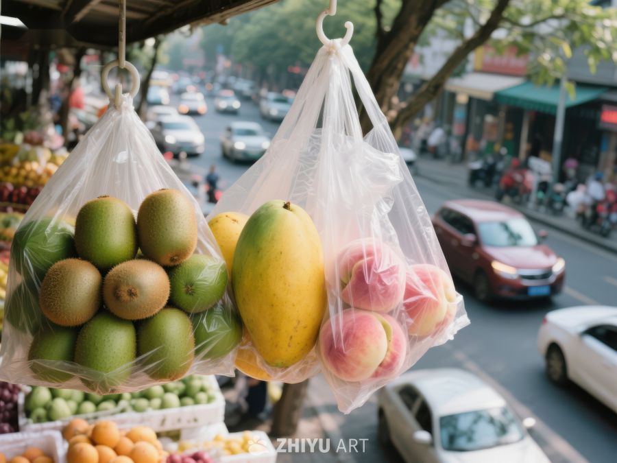 街头水果摊的塑料袋装奇异果、芒果和苹果 264