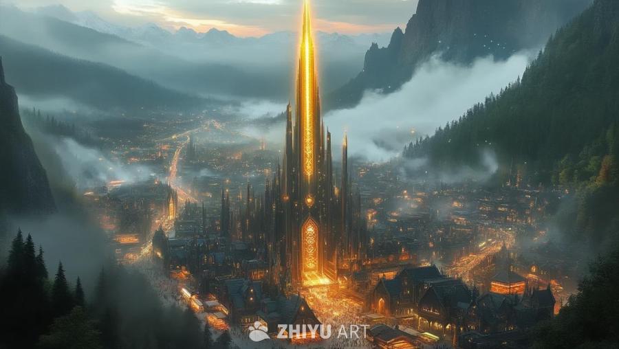 画面中呈现出一个奇幻的城市景观，城市的中心耸立着一