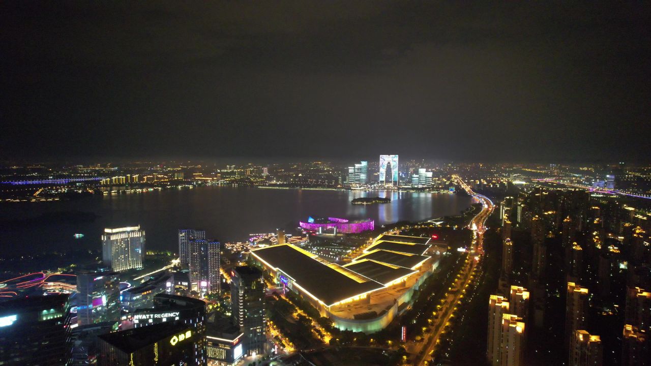 江苏苏州工业园区夜景灯光航拍 