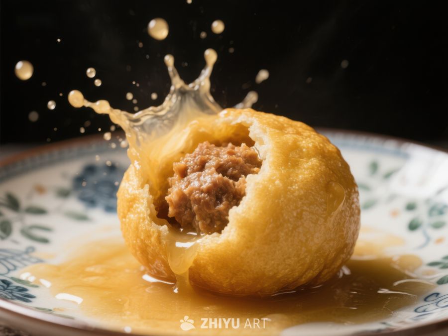 热腾腾的肉馅糕点浸入酱汁瞬间 846