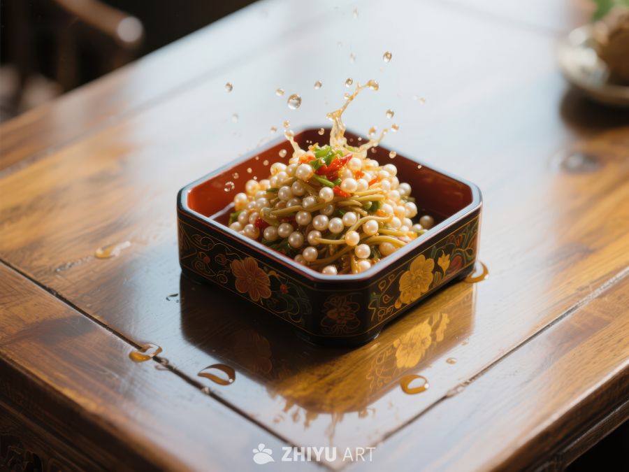 金针菇菜肴盛于古风木盒中 420