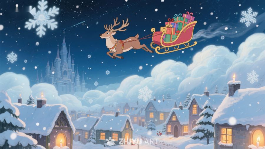 雪夜驯鹿拉着礼物飞过村庄 482