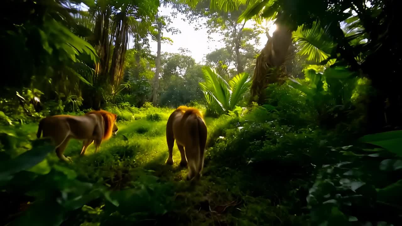 两只狮子正在茂密的丛林中行走。阳光透过树叶照射下来