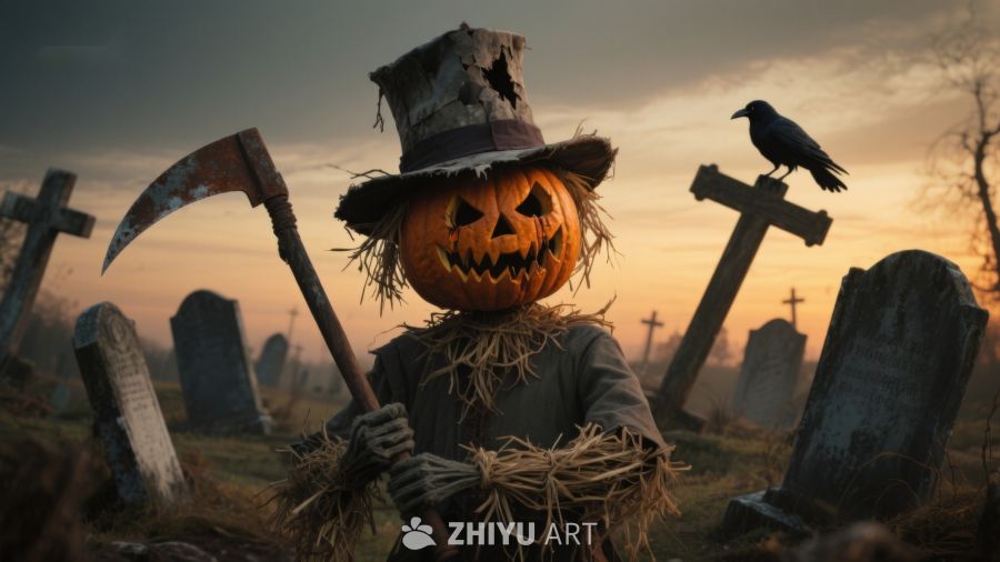 墓地中的南瓜头稻草人