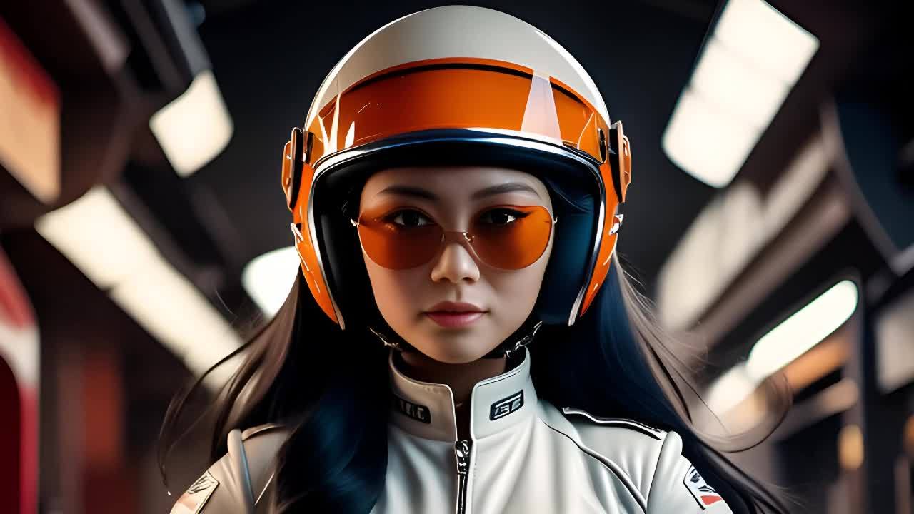 一位戴着白色和橙色头盔的女性，搭配橙色眼镜，身穿白