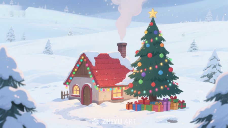 雪景中的温馨小屋与圣诞树 259