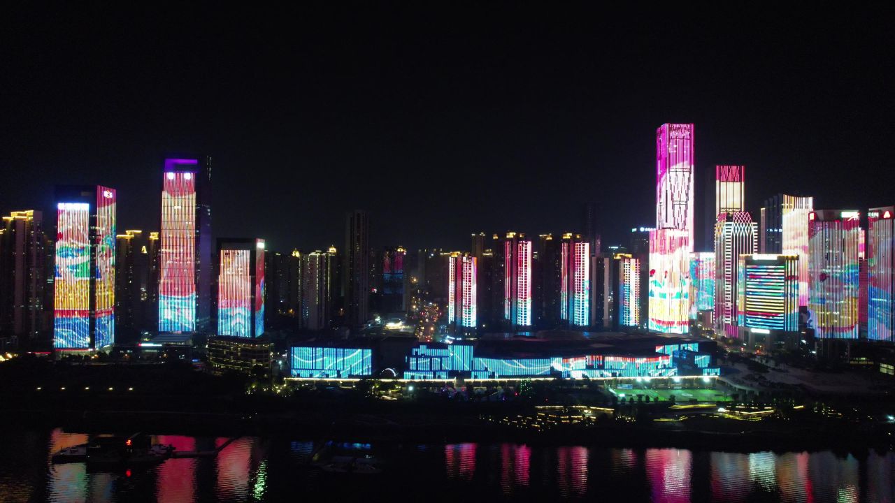 湖南长沙金融中心夜景灯光航拍