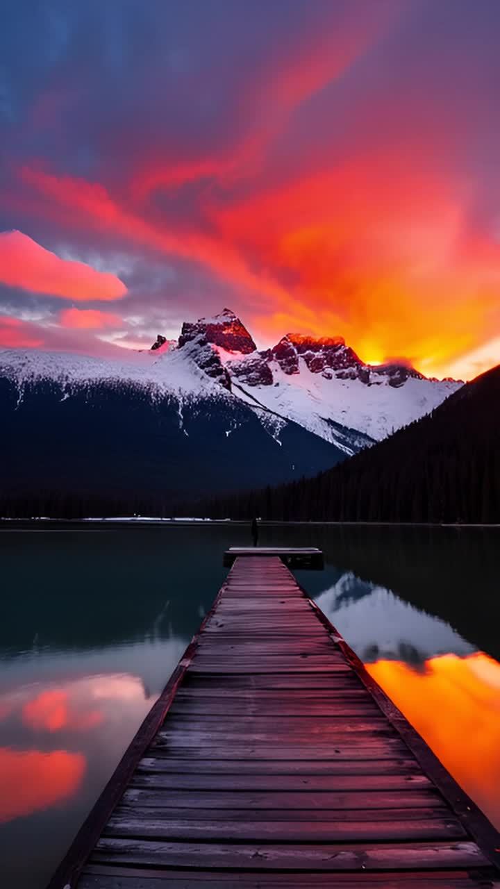 雪山覆盖的群山占据了背景，夕阳的橙红色光辉照耀着山