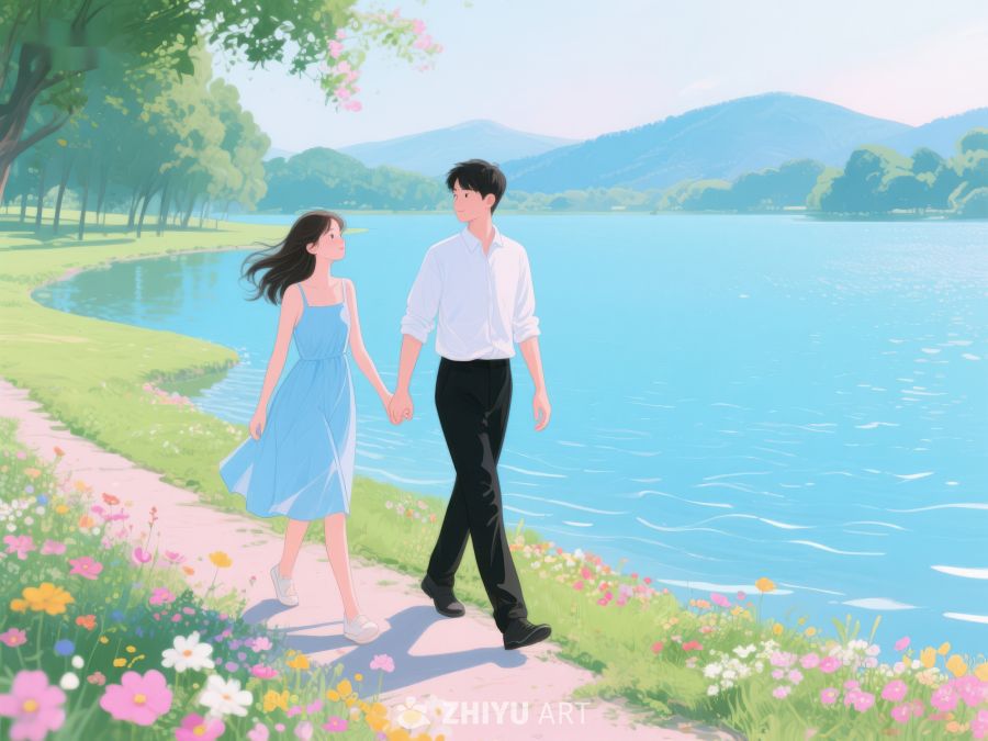 湖畔漫步的情侣 284