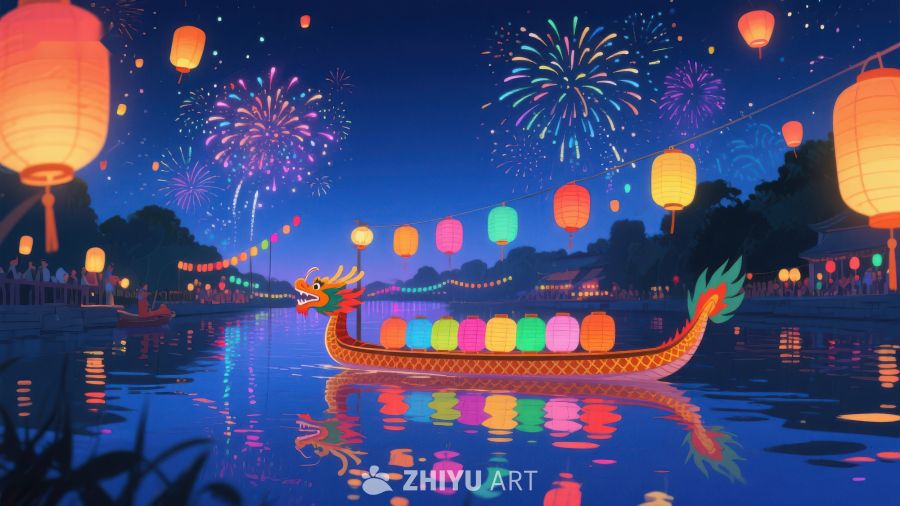夜景龙舟与烟花盛宴 420