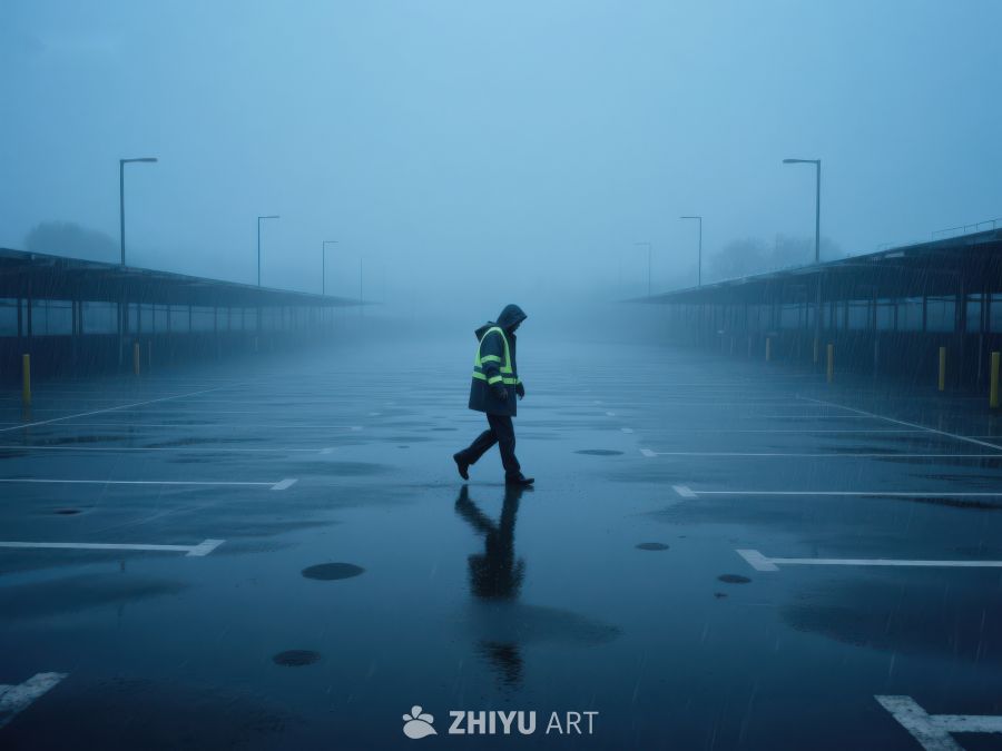 雨中行人穿越空旷停车场 434