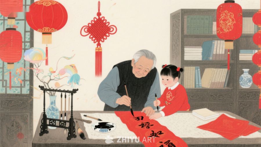 祖孙共写春联，温馨节日氛围 1285