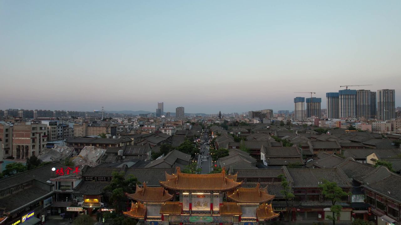 云南昆明官渡古镇夜景航拍