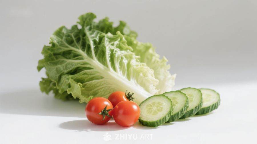 新鲜蔬菜组合：生菜、樱桃番茄和黄瓜片