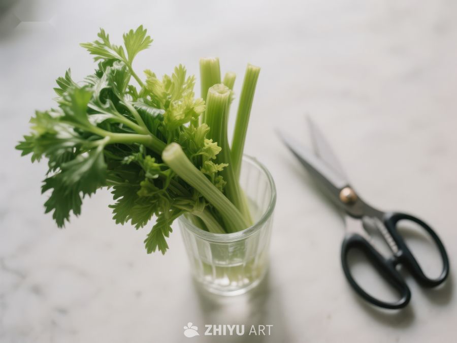 新鲜芹菜置于玻璃杯中，旁置剪刀 490