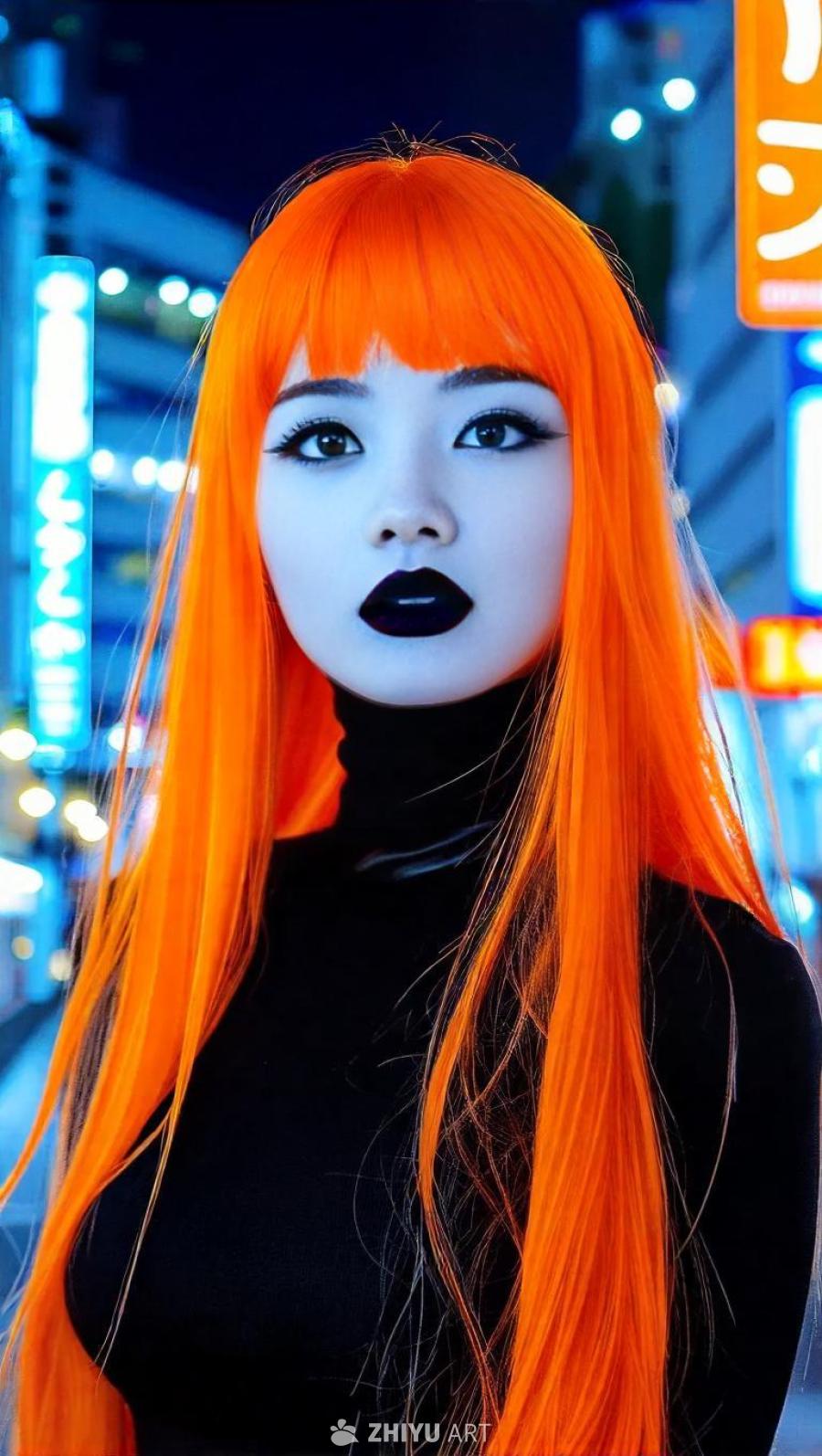 一位女性，留着橙色的长发和刘海，脸上化着白色的妆容