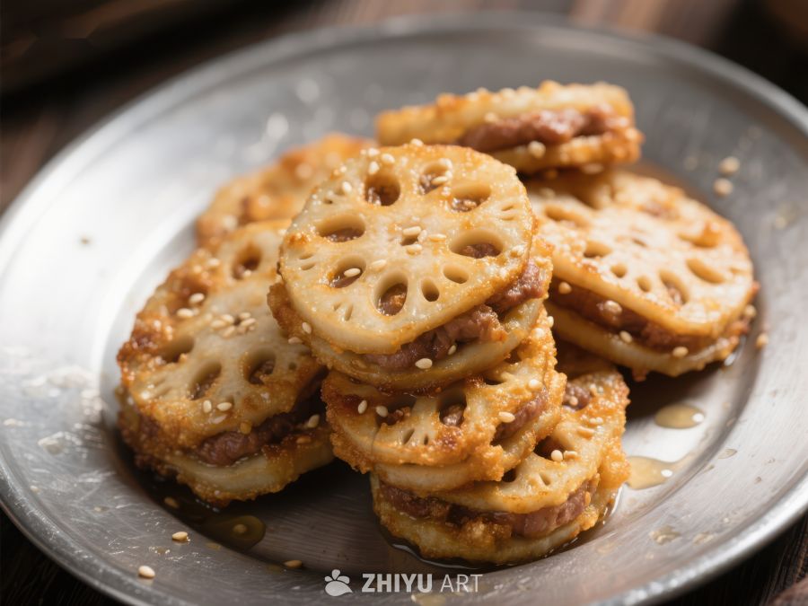 莲藕饼堆叠盘中，撒芝麻点缀 473