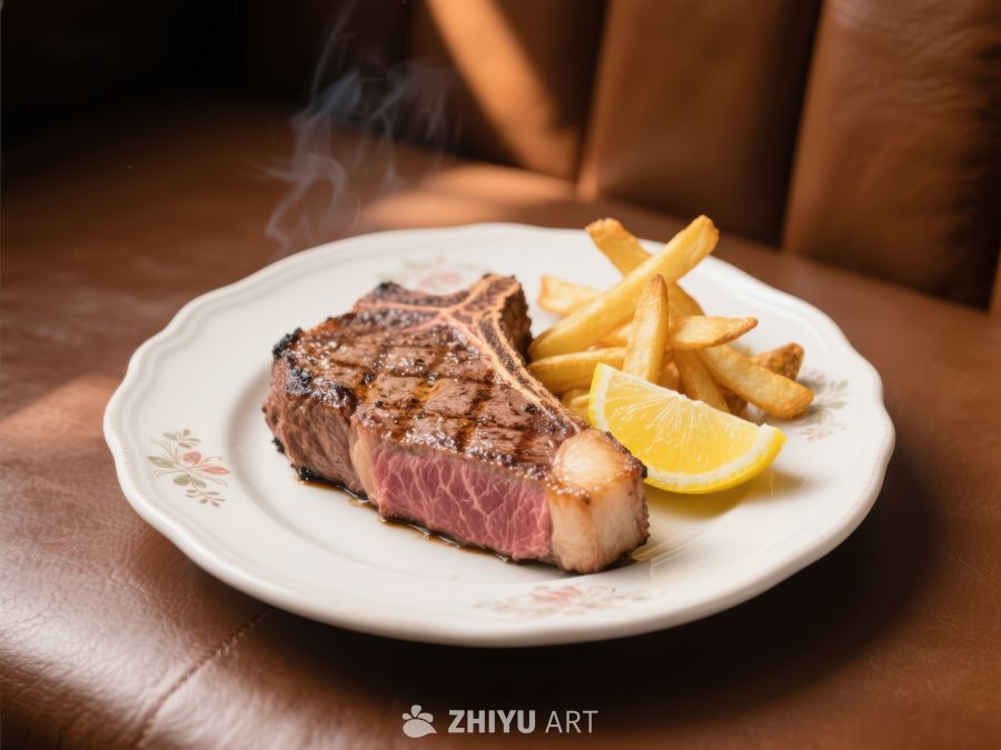 热腾腾的牛排配薯条