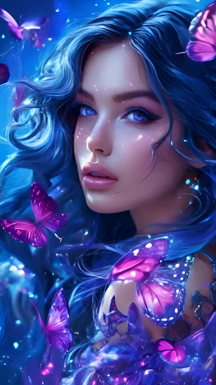 一个蓝发女子，她的眼睛是蓝色的，脸上带有闪光的点缀