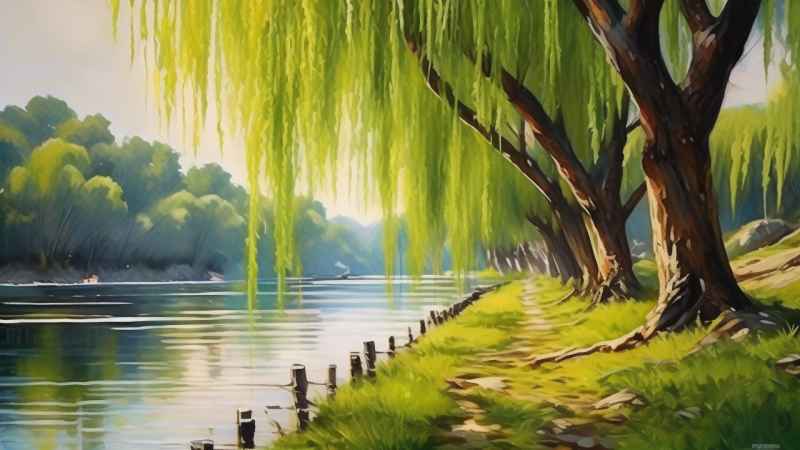 河边柳树插画风景图 13