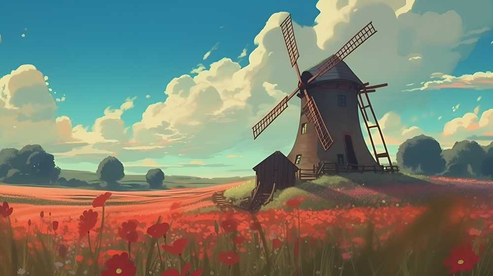 风车插画夏季美景