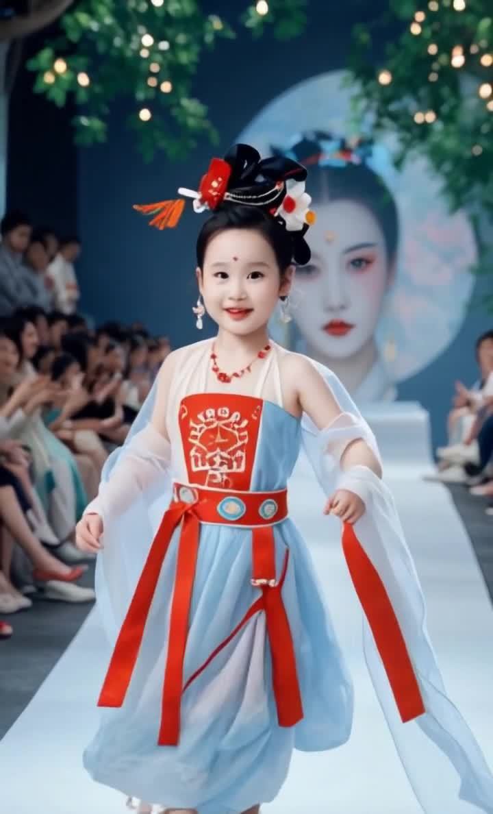 一个小女孩穿着中国古代服装，正在T台上走秀。她头戴