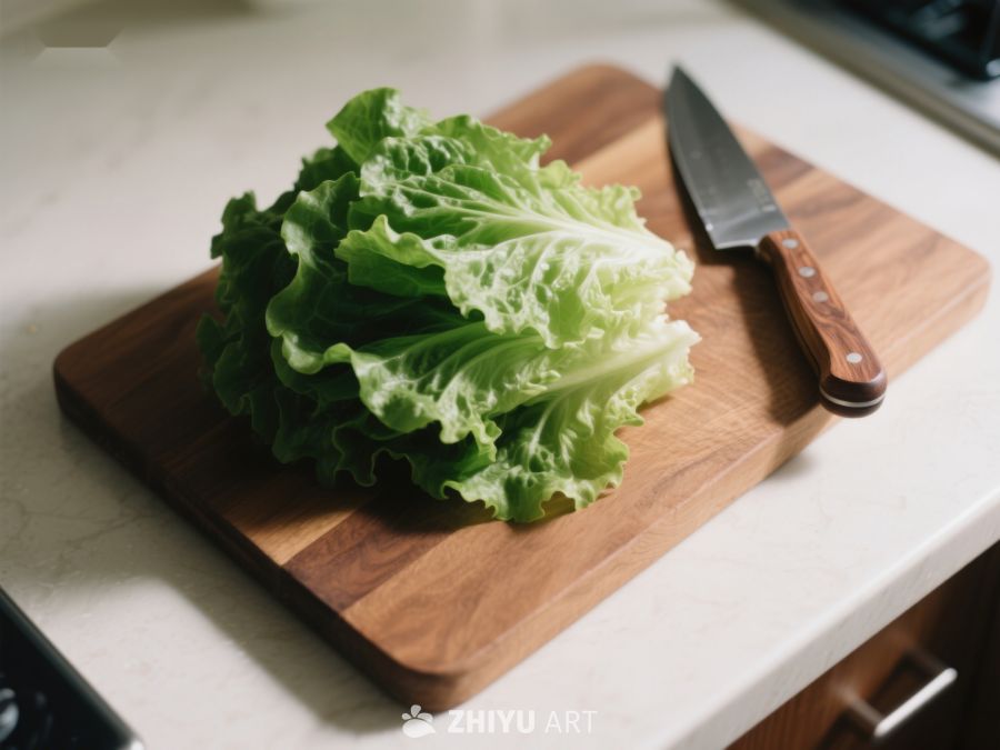 生菜置于木制砧板上，旁配刀具 361