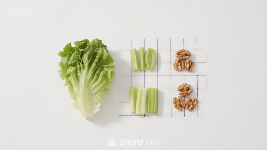 生菜芹菜核桃食材排列