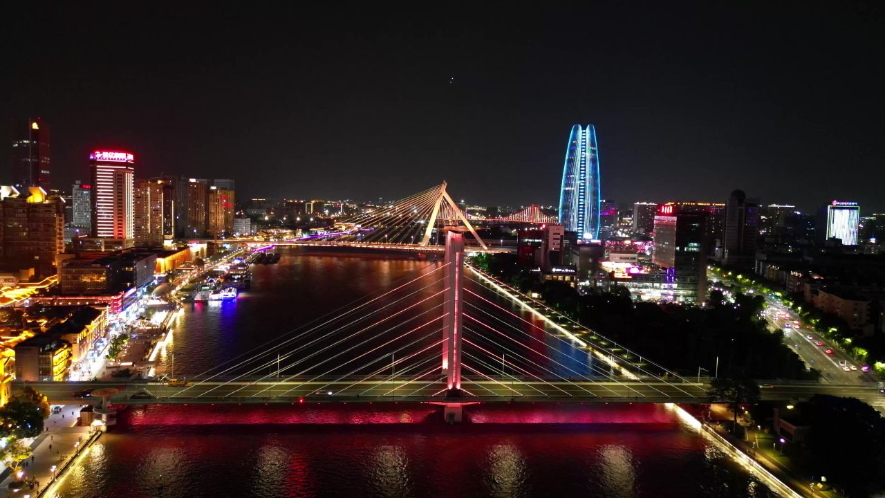 航拍浙江宁波老外滩夜景