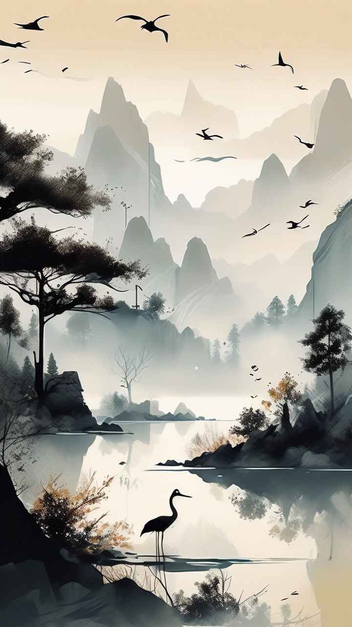 国风山水鹤插画背景 94