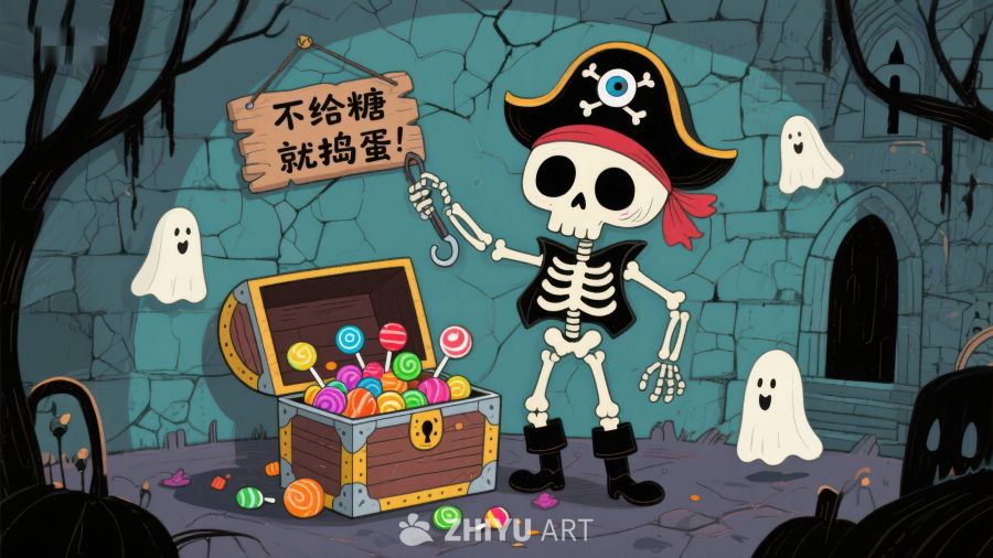 万圣节海盗骷髅与糖果宝箱
