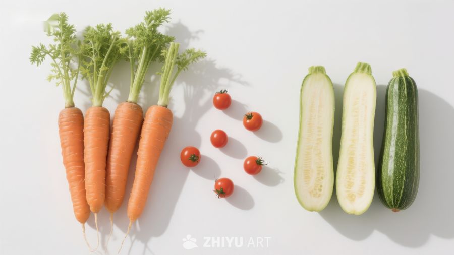 新鲜蔬菜排列：胡萝卜、樱桃番茄和西葫芦