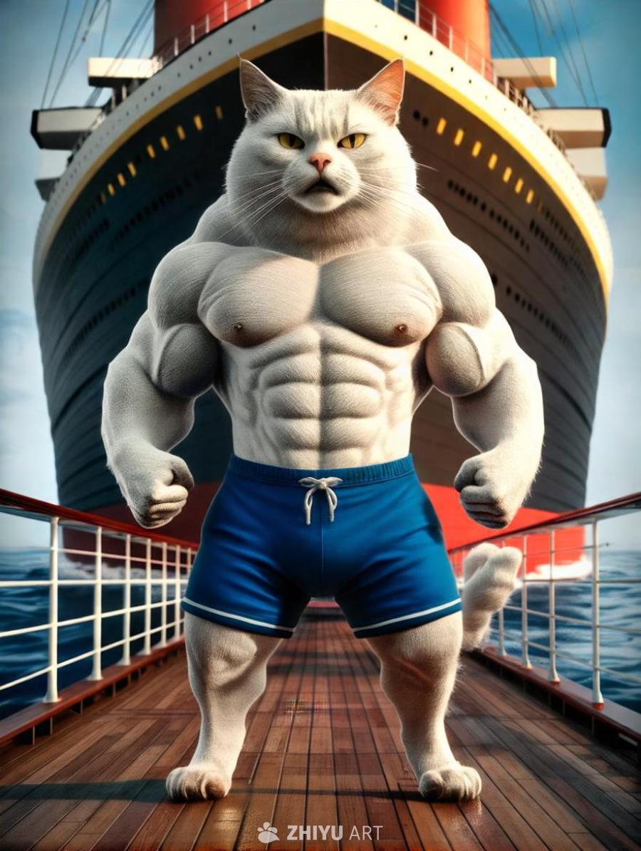 一只肌肉发达的白色猫站立在一艘泰坦尼克号的甲板上，