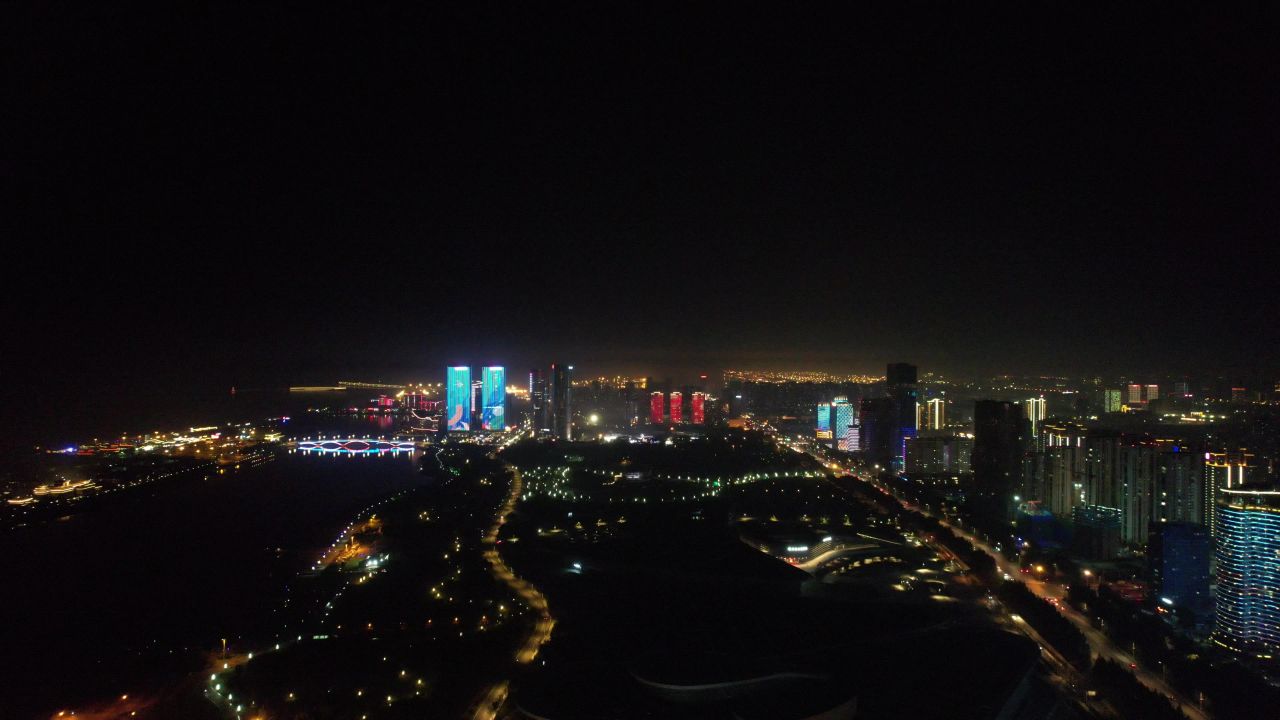 山东日照城市夜景灯光航拍  