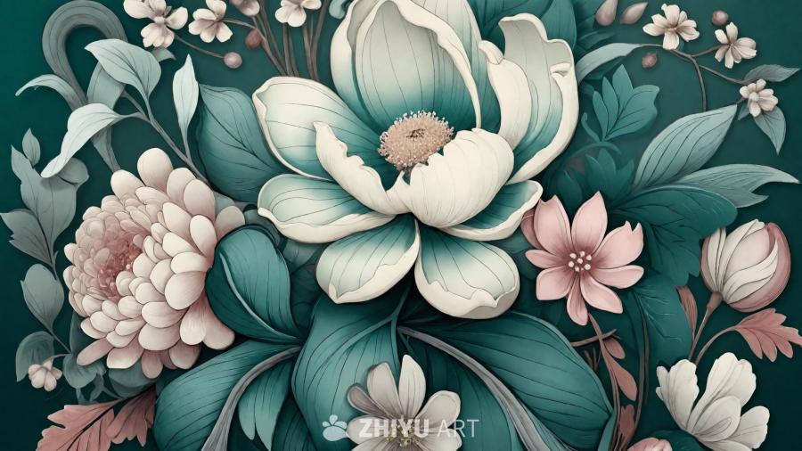 一幅数字插图，展示了一个复杂的对称布局的花卉设计。