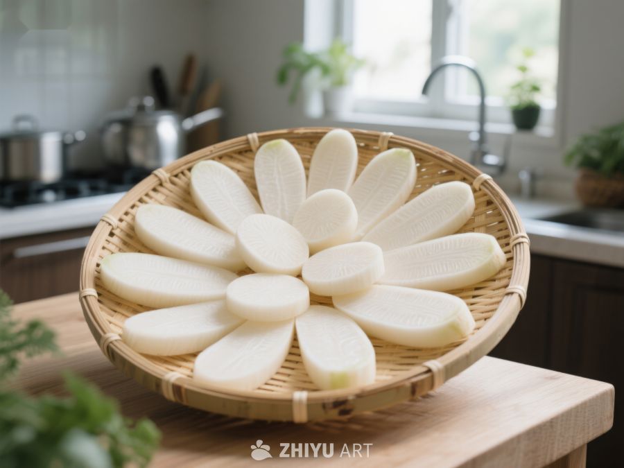 竹篮中整齐排列的白萝卜片 632