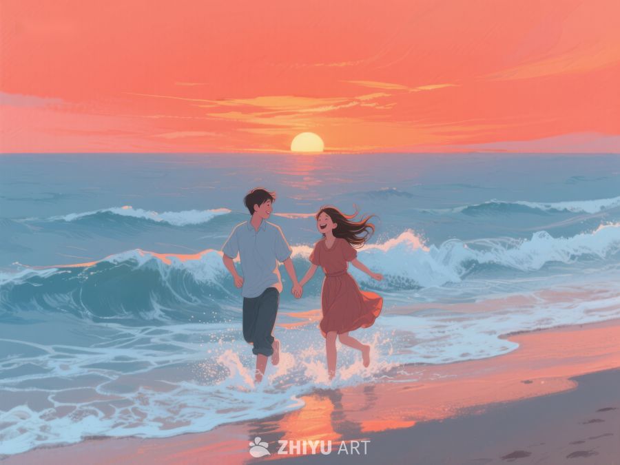 海滩日落下的欢笑奔跑 255