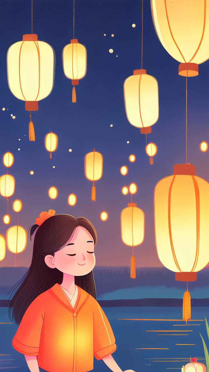 唯美中元节河灯原创插画素材背景