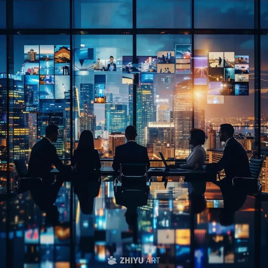 五个人坐在一个房间的桌子旁。窗外是城市夜景，许多建
