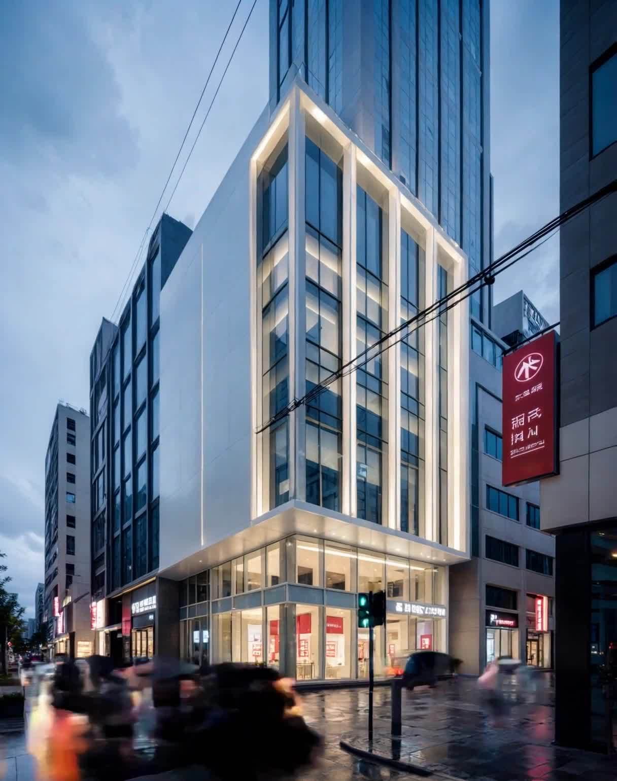 现代城市街景：建筑、灯光、雨后湿润的街道。