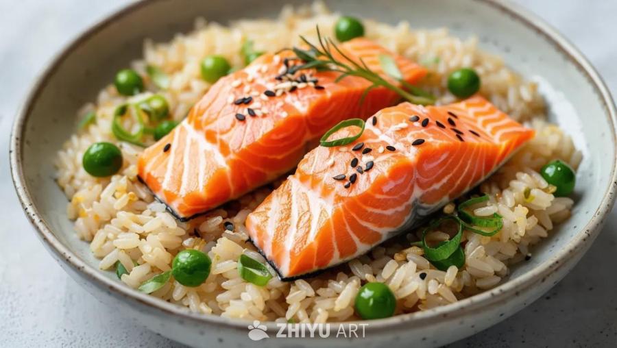米饭上摆放着两块三文鱼，上面撒着黑色芝麻。米饭周围
