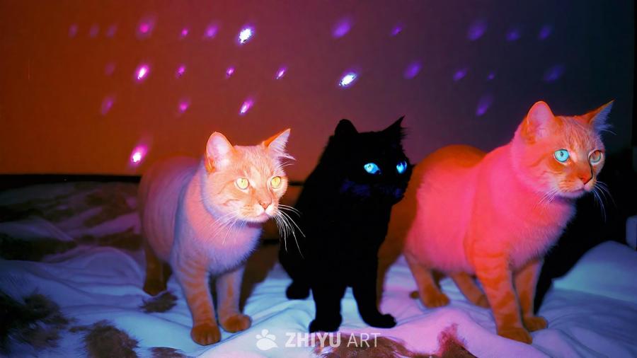 三只猫站在一张床上。第一只猫是橙色的，向左看，眼睛