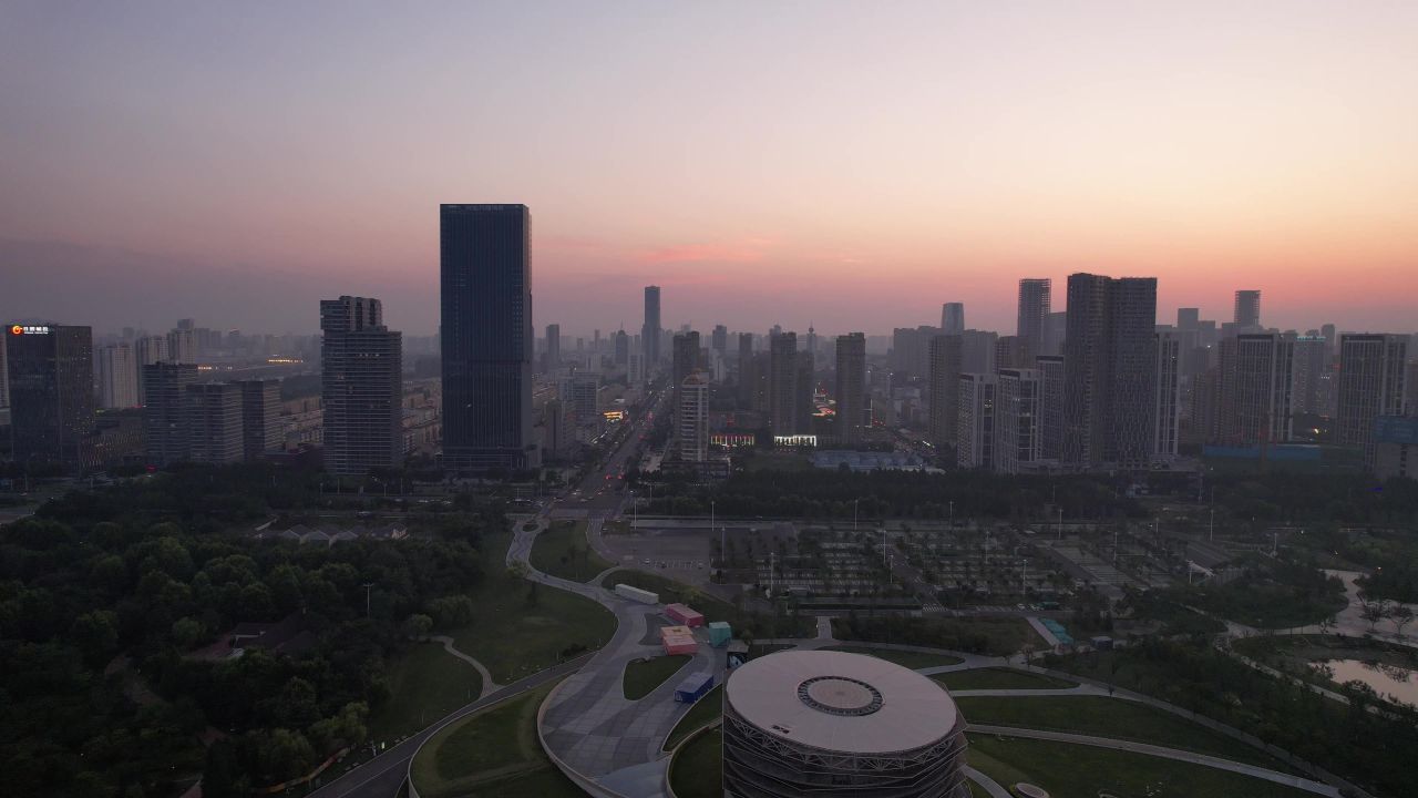 山东日照夕阳晚霞夜幕降临夜景灯光航拍 